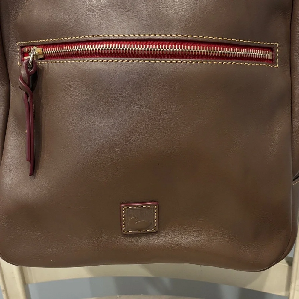Dooney & Bourke Leather Backpack in Brown with Red Trim - Picture 2 of 10